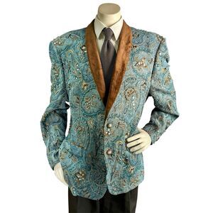 Giovanni Testi Men 46R Blazer Embroidered Floral Jewel Accent Cocktails Jacket